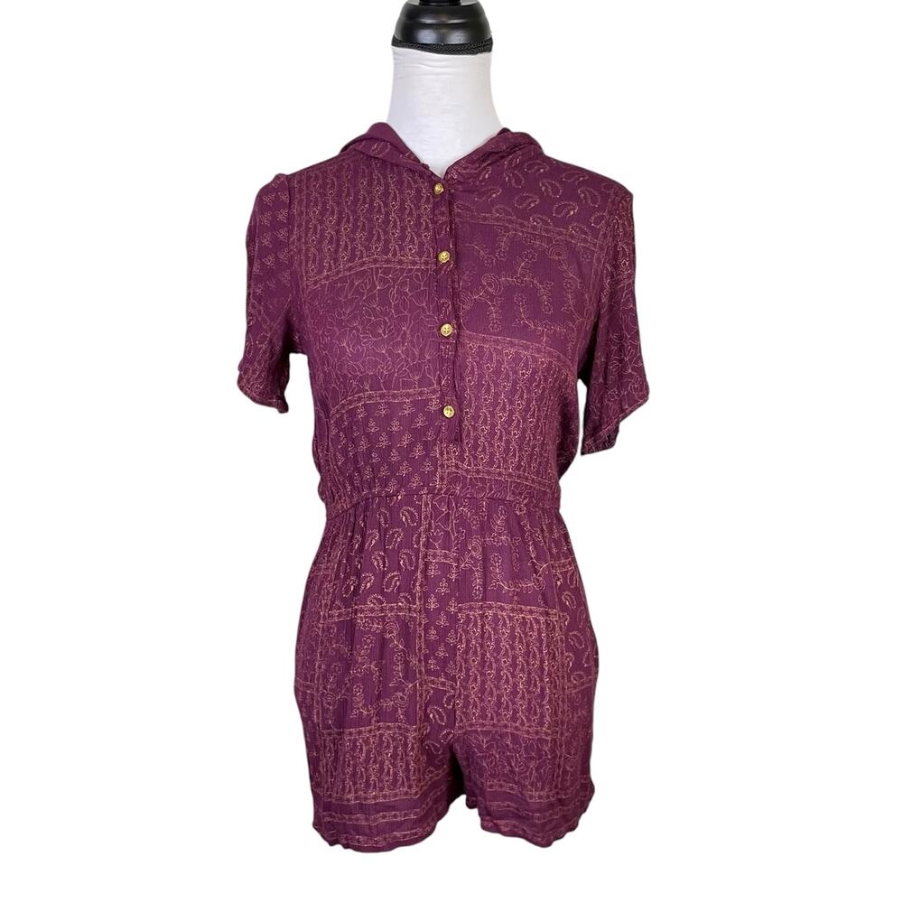 Earthbound Trading Co Maroon Crepe Gold Print Hooded Short Sleeve Boho Romper